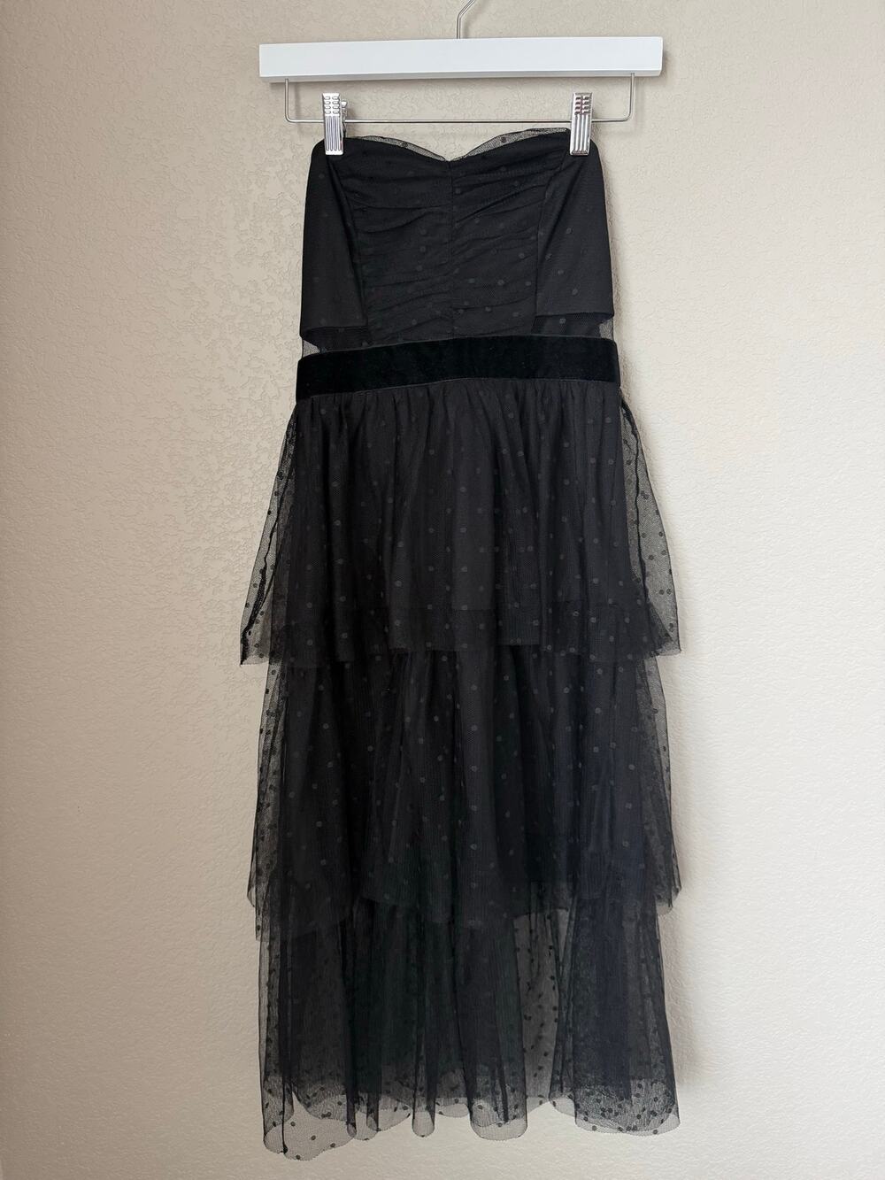 ASOS Black Strapless Polka Dot Tulle Tiered Midi Dress Size 10 Homecoming Prom